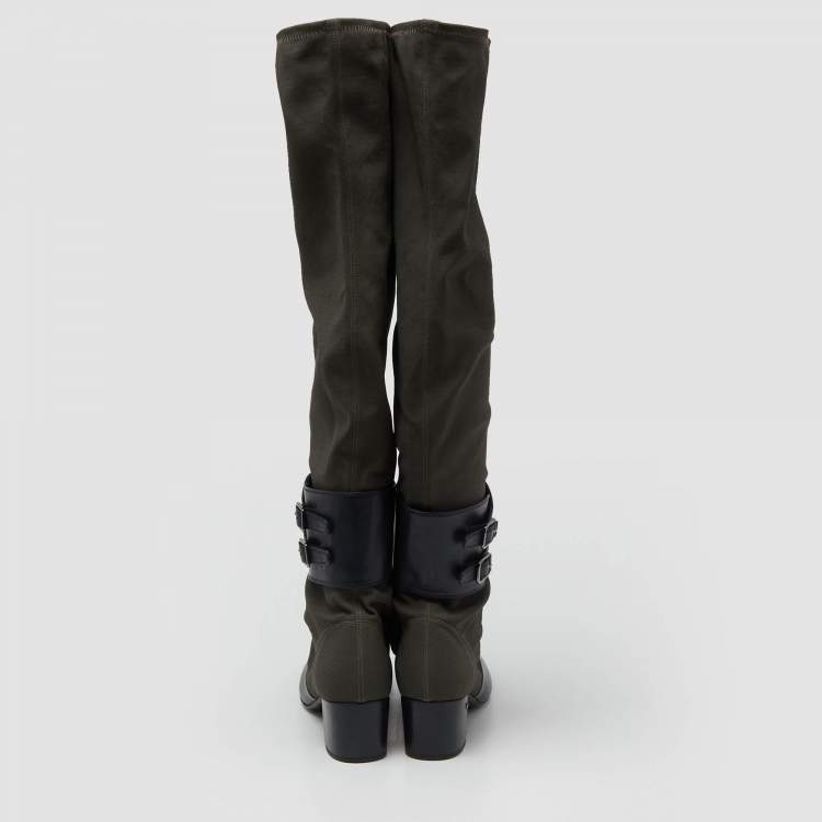 Pre Owned Laurence Dacade Blue/Olive Green Fabric and Quilted Leather Over The Knee Length Boots Size 40