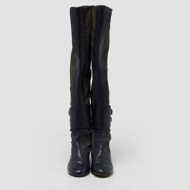 Pre Owned Laurence Dacade Blue/Olive Green Fabric and Quilted Leather Over The Knee Length Boots Size 40