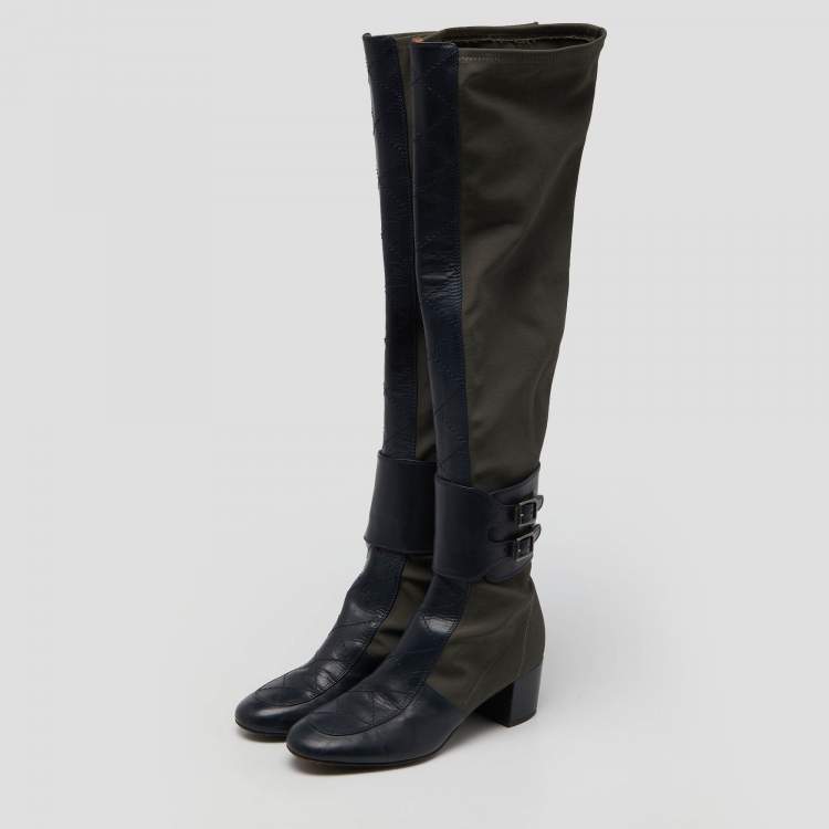 Pre Owned Laurence Dacade Blue/Olive Green Fabric and Quilted Leather Over The Knee Length Boots Size 40