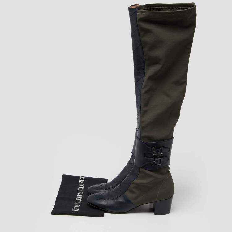 Pre Owned Laurence Dacade Blue/Olive Green Fabric and Quilted Leather Over The Knee Length Boots Size 40