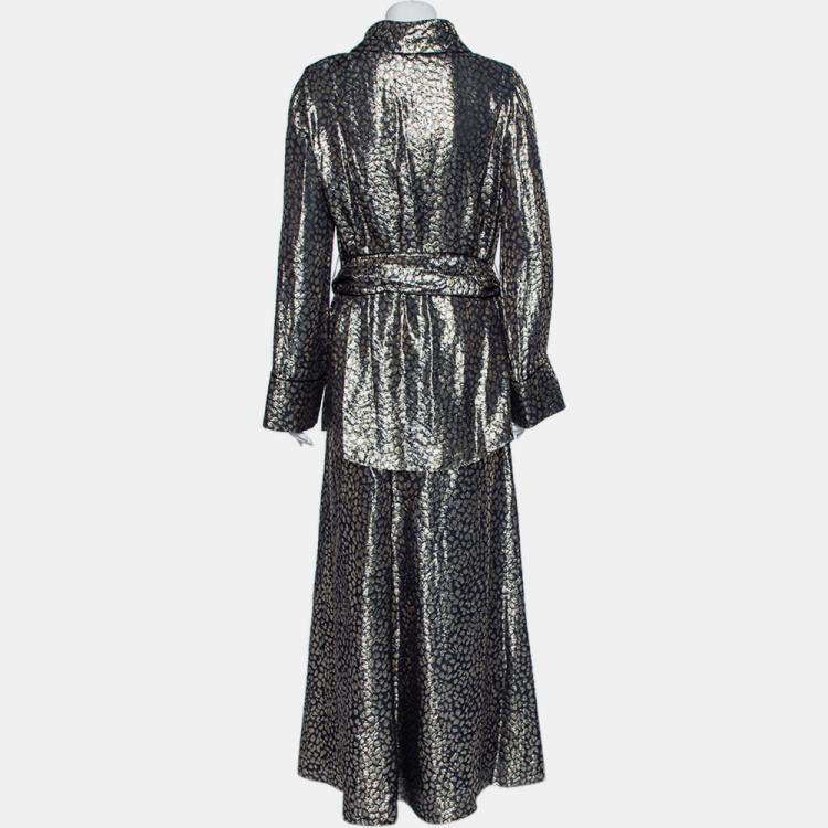 Pre Owned Layeur Metallic Fil Coupe Belted Tunic Top & Maxi Skirt L