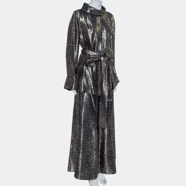 Pre Owned Layeur Metallic Fil Coupe Belted Tunic Top & Maxi Skirt L