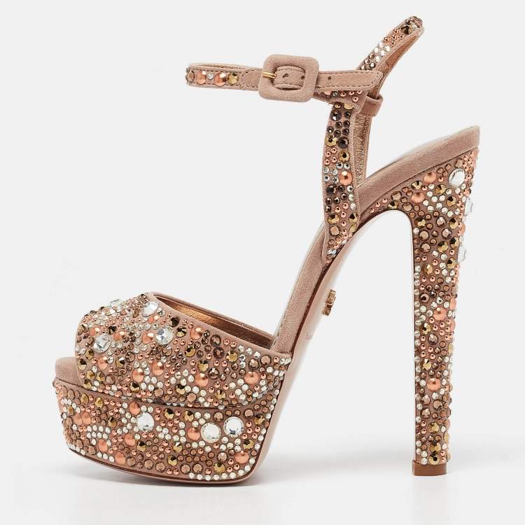 Pre Owned Le Silla Brown Suede Crystal Embellished Platform Ankle Strap Sandals Size 36