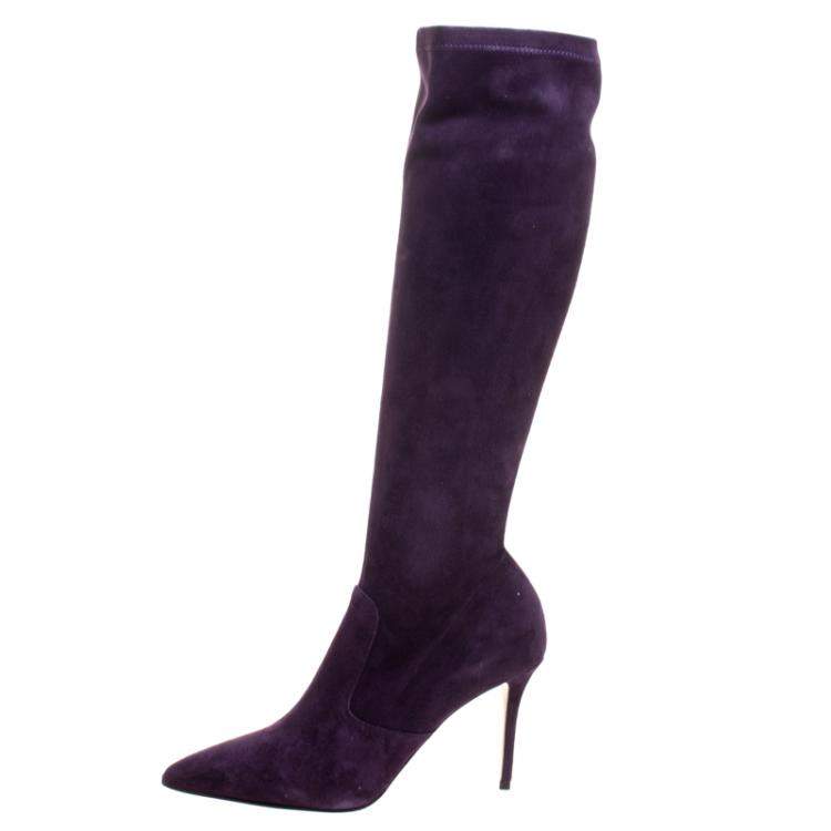 Pre Owned Le Silla Purple Stretch Velour Knee High Pointed Toe Boots Size 40