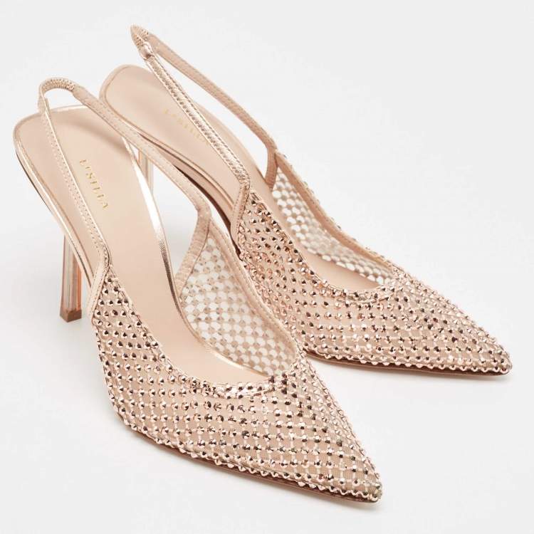 Pre Owned Le Silla Rose Gold Leather and Mesh Gilda Slingback Pumps Size 38