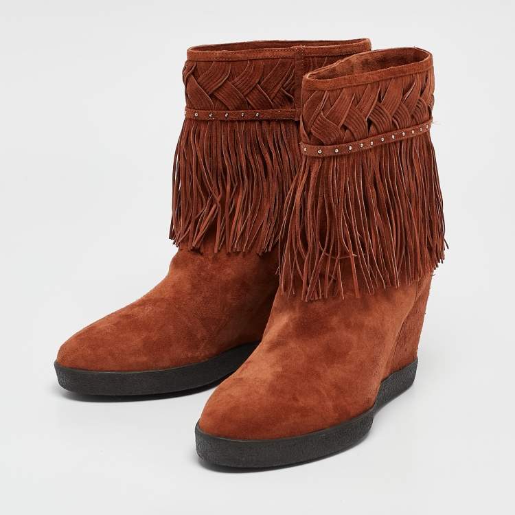 Pre Owned Le Silla Brown Suede Fringe Ankle Boots Size 38.5
