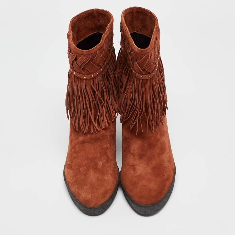 Pre Owned Le Silla Brown Suede Fringe Ankle Boots Size 38.5