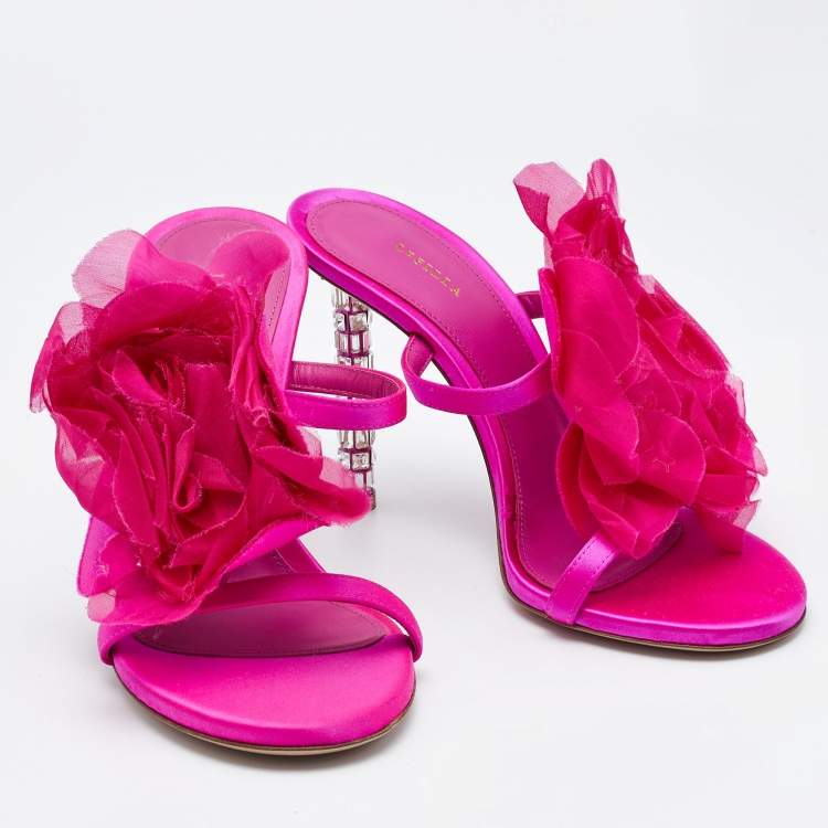 Pre Owned Le Silla Pink Satin Rose Embroidered Slide Sandals Size 38