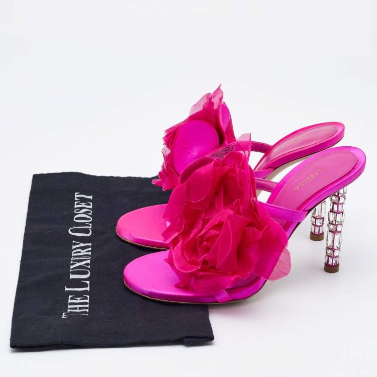 Pre Owned Le Silla Pink Satin Rose Embroidered Slide Sandals Size 38