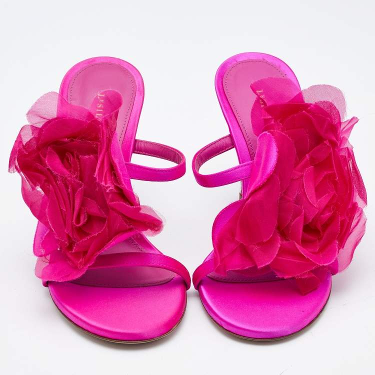 Pre Owned Le Silla Pink Satin Rose Embroidered Slide Sandals Size 38