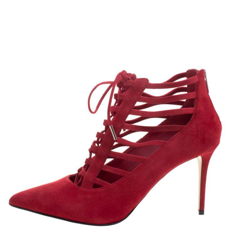 Pre Owned Le Silla Red Suede Caged Lace Up Ankle Boots Size 40