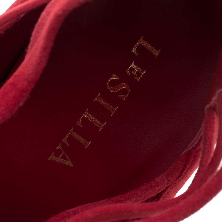 Pre Owned Le Silla Red Suede Caged Lace Up Ankle Boots Size 40