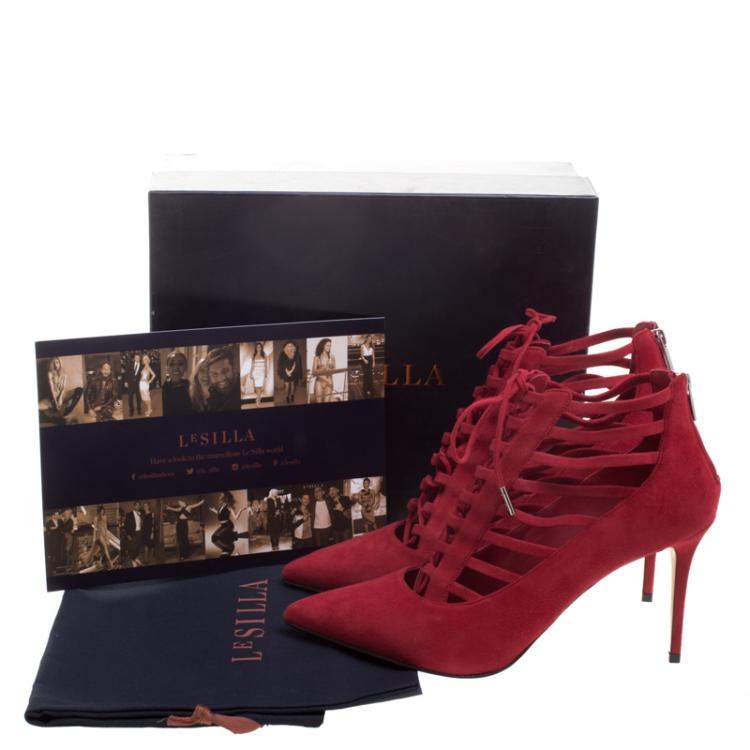 Pre Owned Le Silla Red Suede Caged Lace Up Ankle Boots Size 40