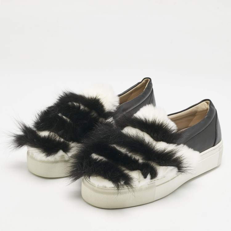 Pre Owned Le Silla Black/White Leather and Mink Fur Slip On Sneakers Size 40