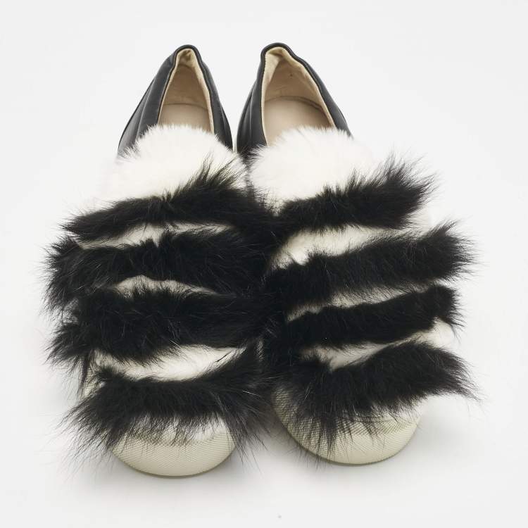Pre Owned Le Silla Black/White Leather and Mink Fur Slip On Sneakers Size 40