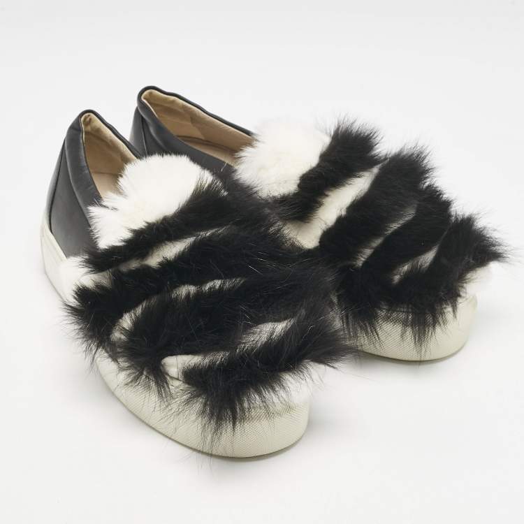 Pre Owned Le Silla Black/White Leather and Mink Fur Slip On Sneakers Size 40