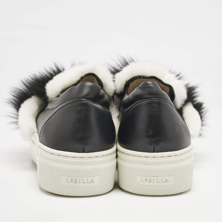 Pre Owned Le Silla Black/White Leather and Mink Fur Slip On Sneakers Size 40