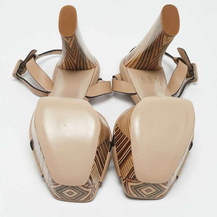 Pre Owned Le Silla Beige Printed Leather Ankle Strap Platform Sandals Size 39