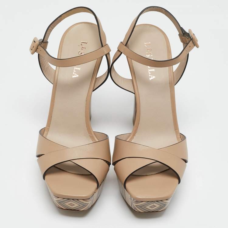 Pre Owned Le Silla Beige Printed Leather Ankle Strap Platform Sandals Size 39