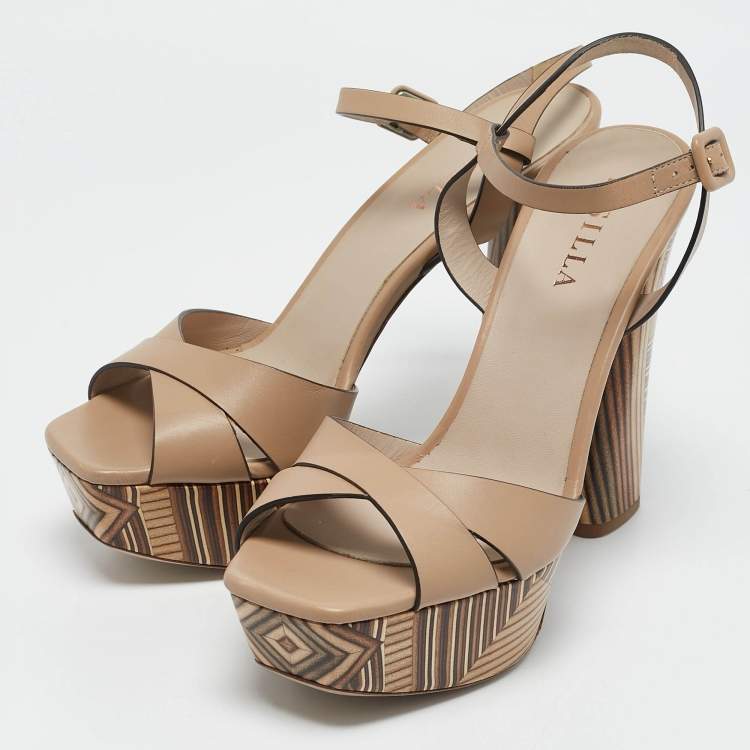 Pre Owned Le Silla Beige Printed Leather Ankle Strap Platform Sandals Size 39