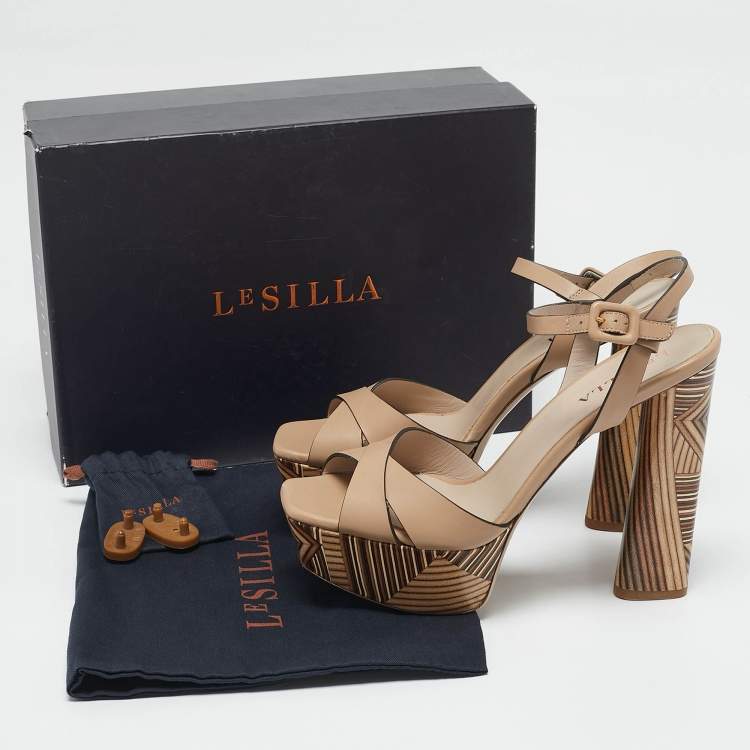 Pre Owned Le Silla Beige Printed Leather Ankle Strap Platform Sandals Size 39