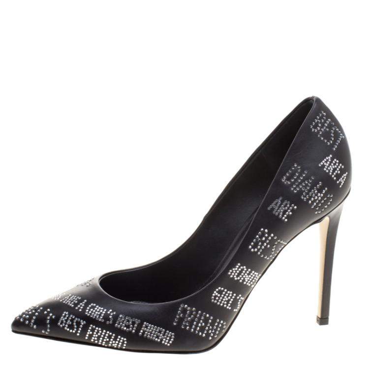 Pre Owned Le Silla Black Crystal Embellished Leather Pointed Toe Pumps Size 37.5