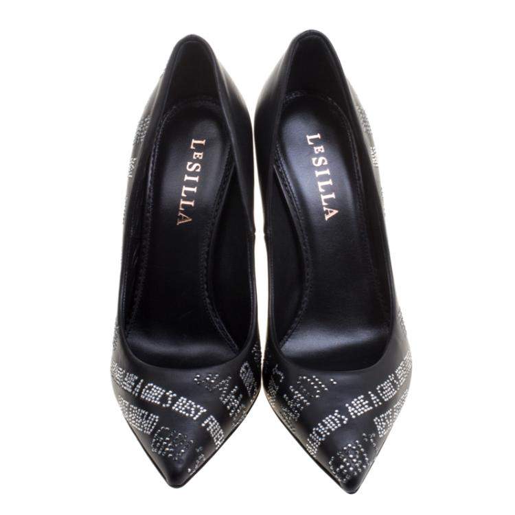 Pre Owned Le Silla Black Crystal Embellished Leather Pointed Toe Pumps Size 37.5