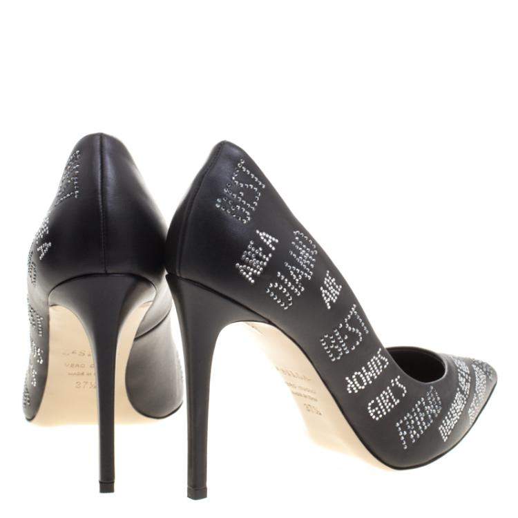 Pre Owned Le Silla Black Crystal Embellished Leather Pointed Toe Pumps Size 37.5