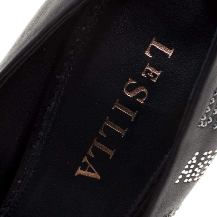 Pre Owned Le Silla Black Crystal Embellished Leather Pointed Toe Pumps Size 37.5