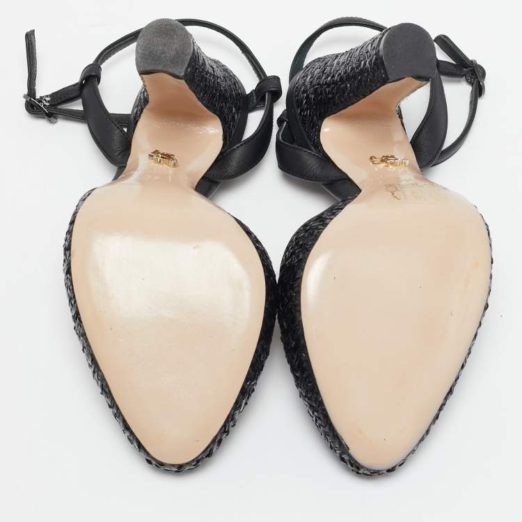 Pre Owned Le Silla Black Leather and Raffia Crystal Embellished Ankle Strap Sandals Size 36