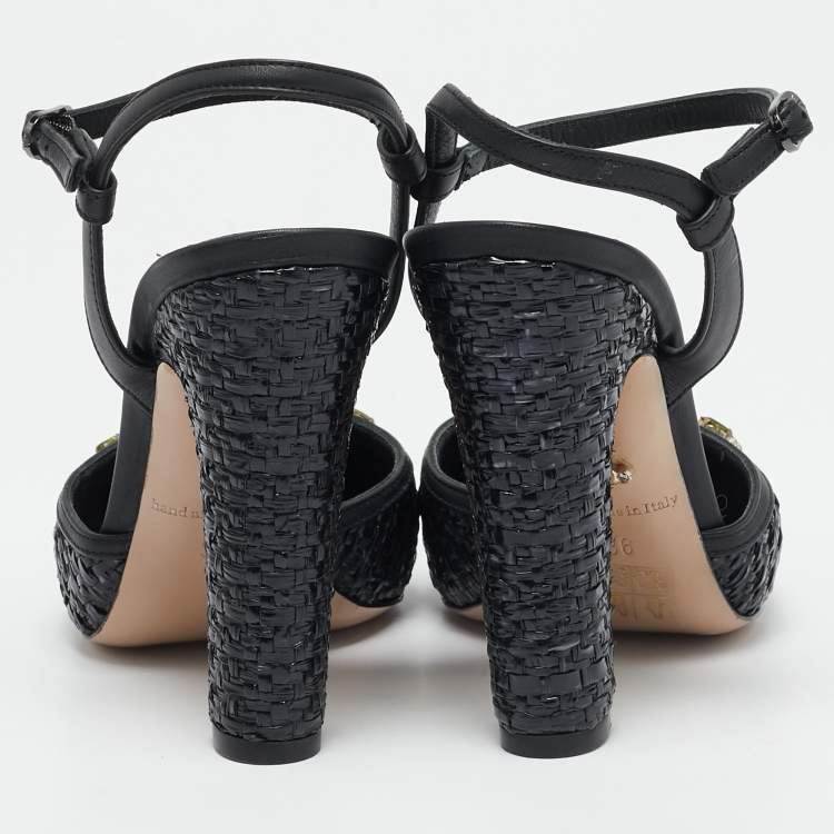 Pre Owned Le Silla Black Leather and Raffia Crystal Embellished Ankle Strap Sandals Size 36