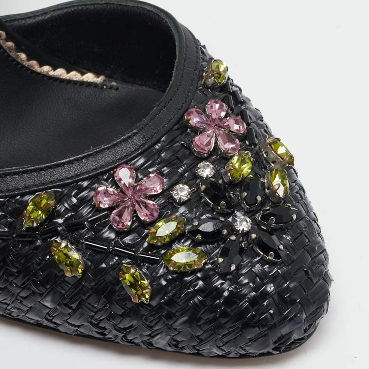 Pre Owned Le Silla Black Leather and Raffia Crystal Embellished Ankle Strap Sandals Size 36