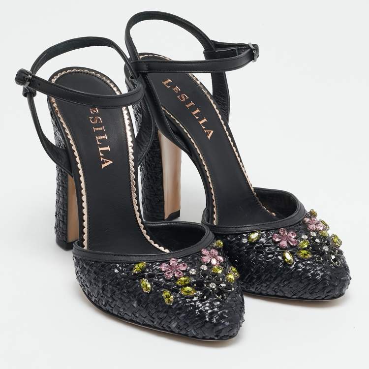 Pre Owned Le Silla Black Leather and Raffia Crystal Embellished Ankle Strap Sandals Size 36