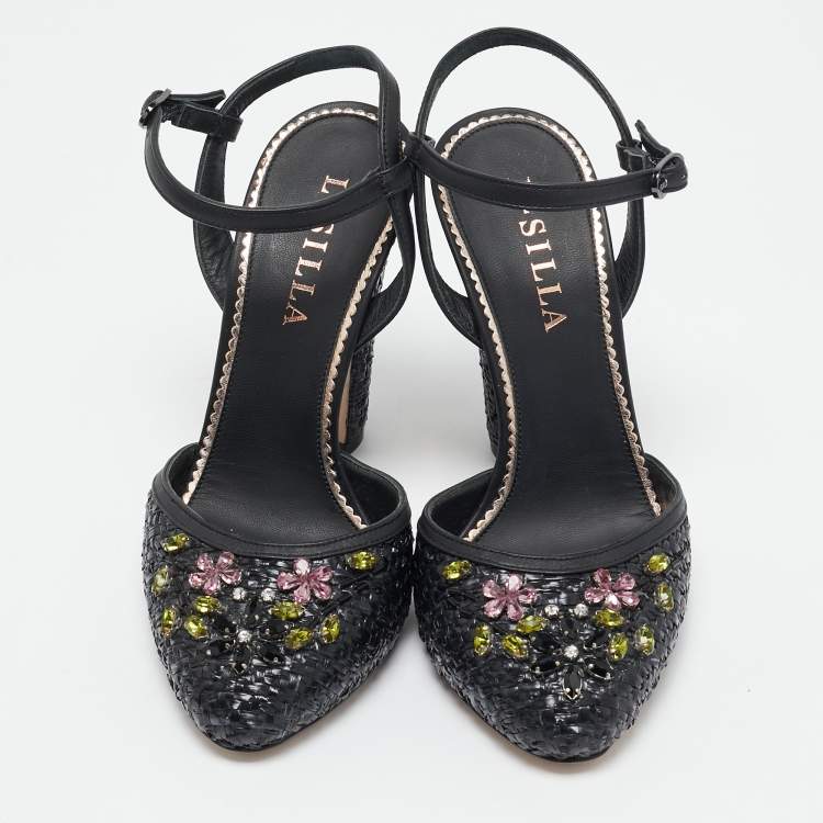 Pre Owned Le Silla Black Leather and Raffia Crystal Embellished Ankle Strap Sandals Size 36