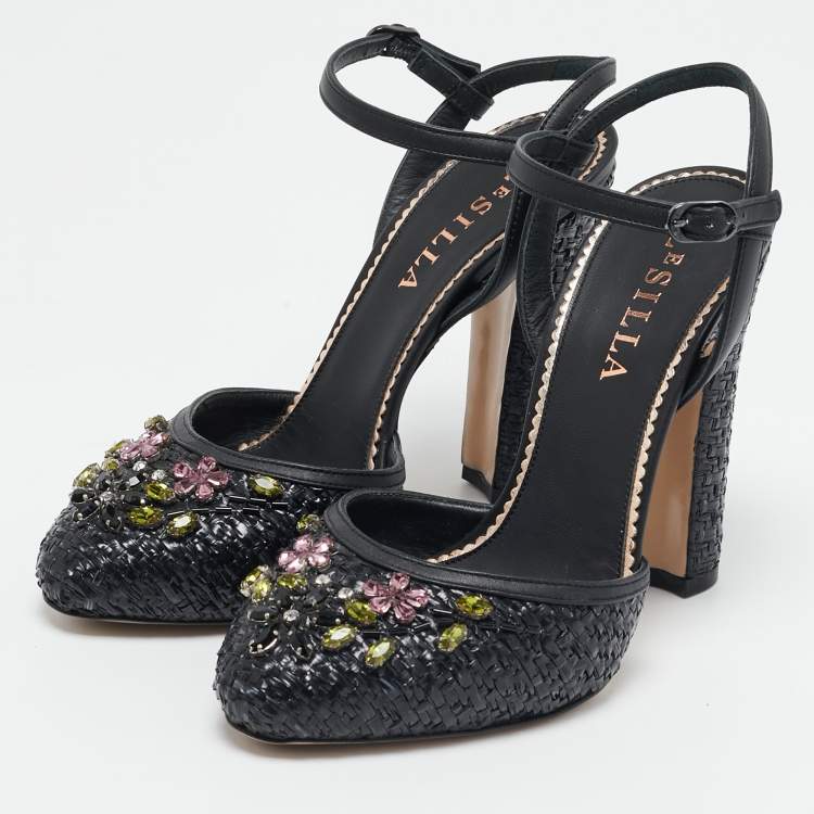 Pre Owned Le Silla Black Leather and Raffia Crystal Embellished Ankle Strap Sandals Size 36