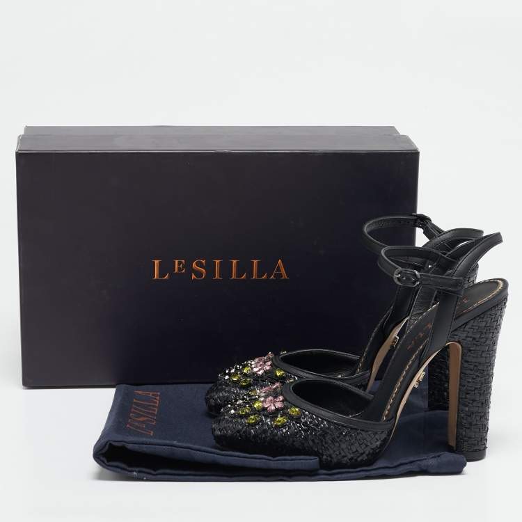 Pre Owned Le Silla Black Leather and Raffia Crystal Embellished Ankle Strap Sandals Size 36