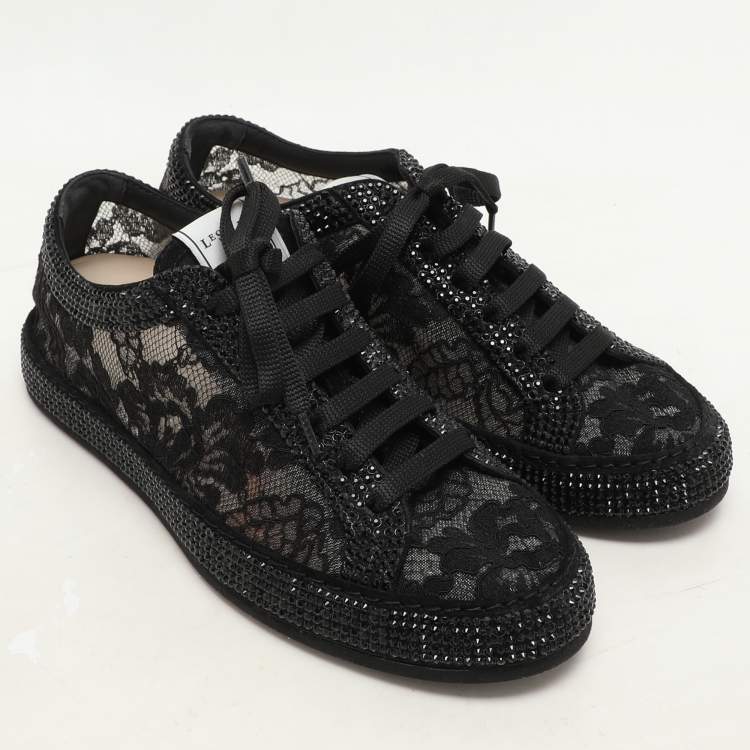 Pre Owned Le Silla Black Lace and Mesh Rhinestone Low Top Sneakers Size 37.5