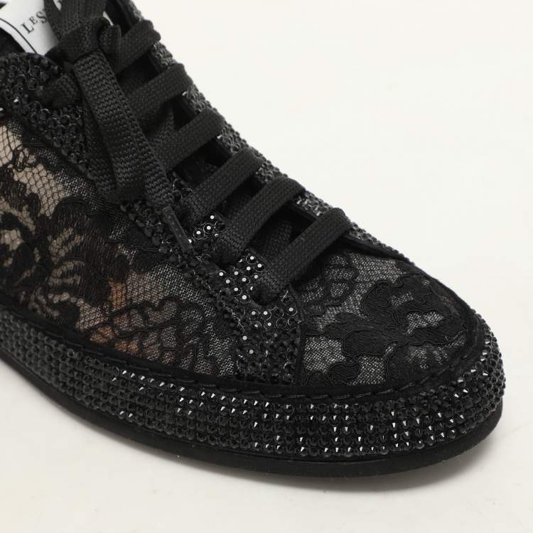Pre Owned Le Silla Black Lace and Mesh Rhinestone Low Top Sneakers Size 37.5