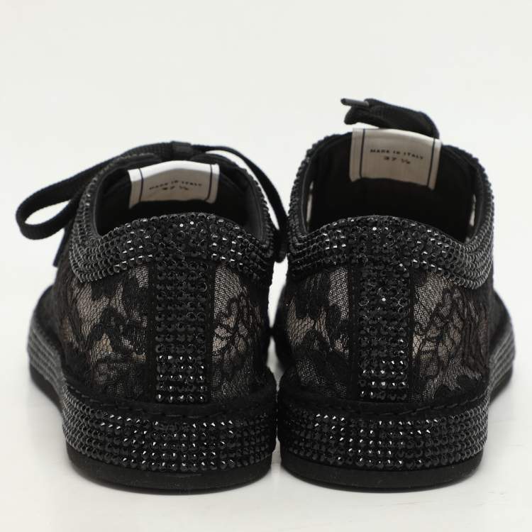 Pre Owned Le Silla Black Lace and Mesh Rhinestone Low Top Sneakers Size 37.5