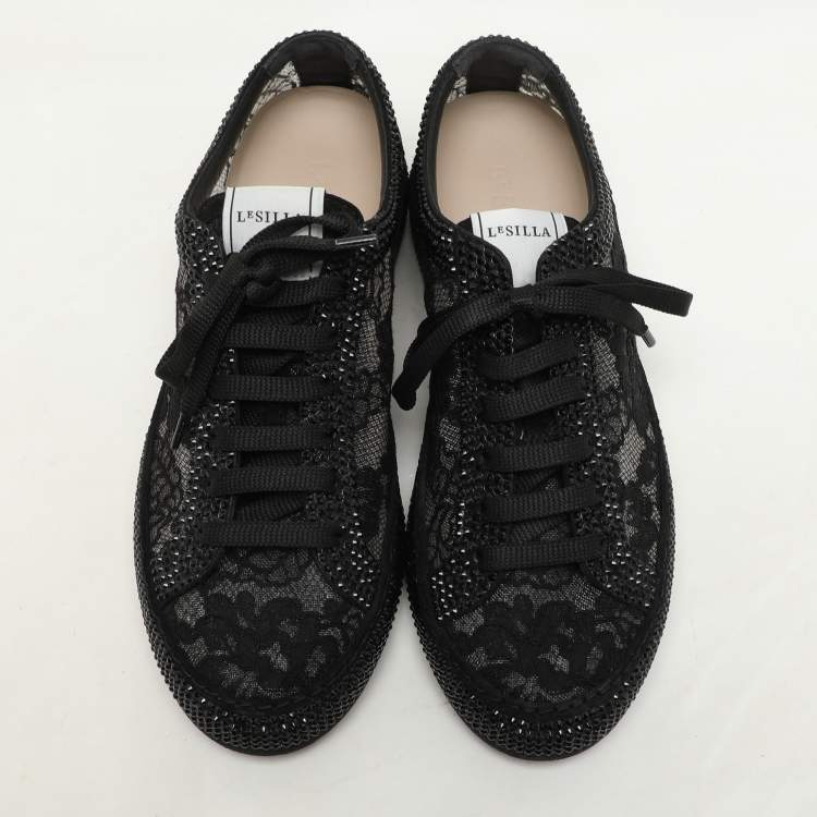 Pre Owned Le Silla Black Lace and Mesh Rhinestone Low Top Sneakers Size 37.5