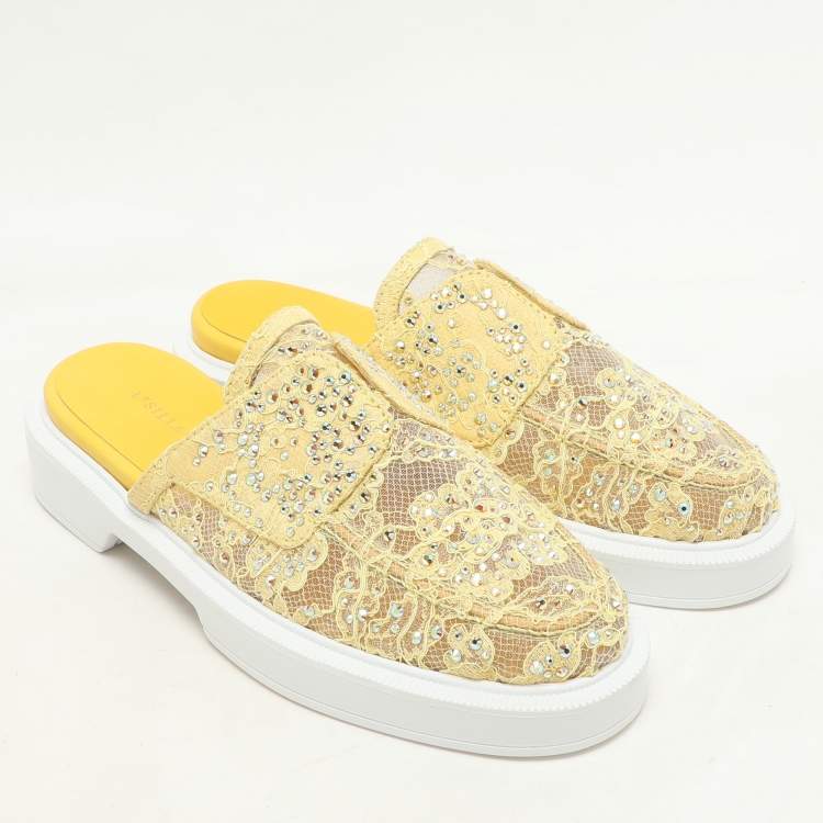 Pre Owned Le Silla Yellow Lace Crystals Embellished Yacht Mules Size 37