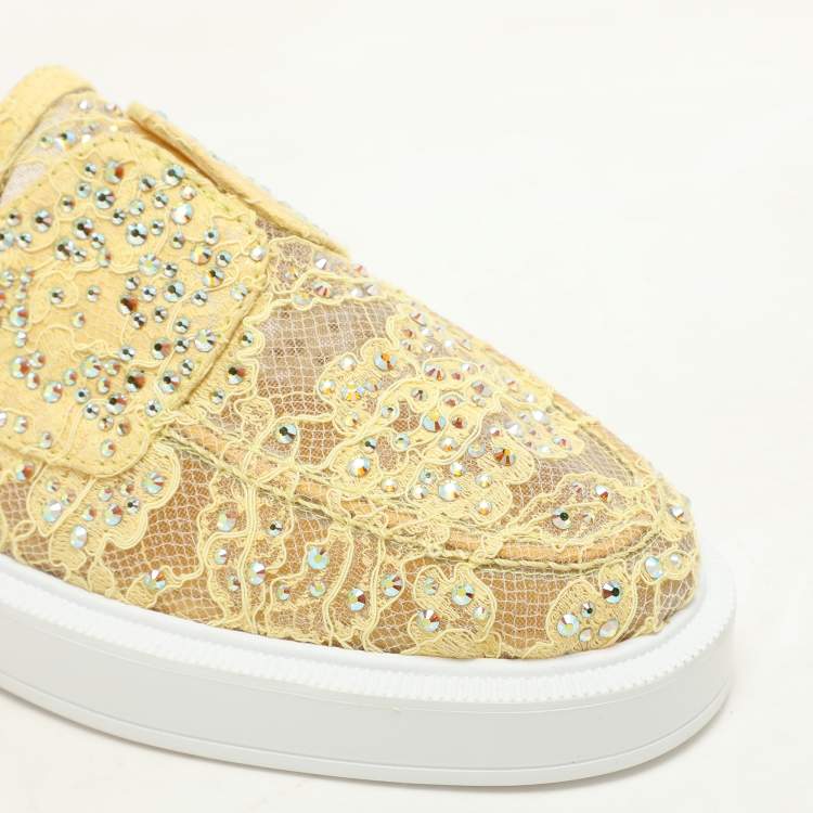 Pre Owned Le Silla Yellow Lace Crystals Embellished Yacht Mules Size 37