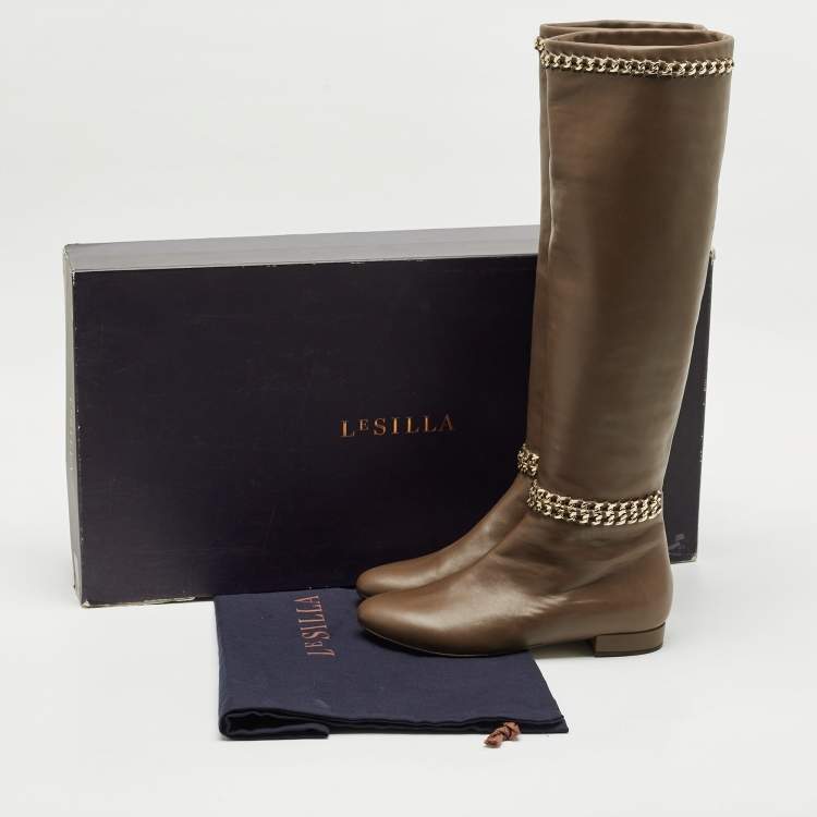 Pre Owned Le Silla Brown Leather Chain Detail Knee High Boots Size 37