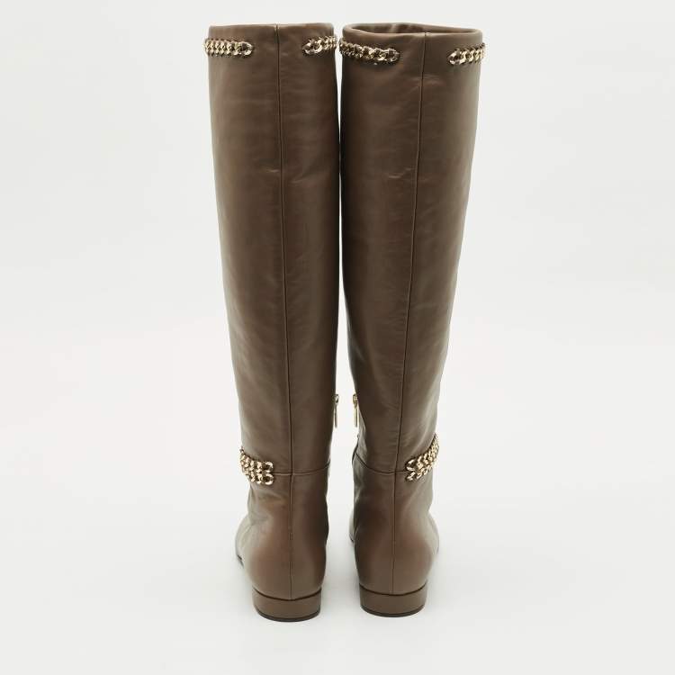 Pre Owned Le Silla Brown Leather Chain Detail Knee High Boots Size 37