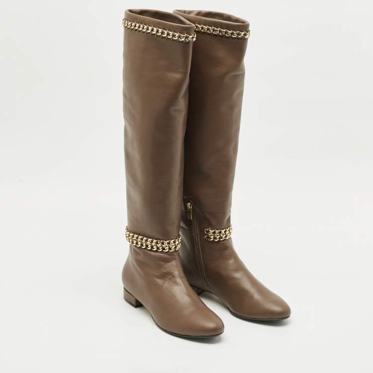 Pre Owned Le Silla Brown Leather Chain Detail Knee High Boots Size 37.5
