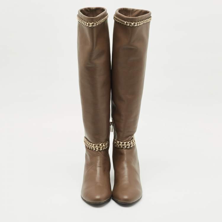Pre Owned Le Silla Brown Leather Chain Detail Knee High Boots Size 37.5