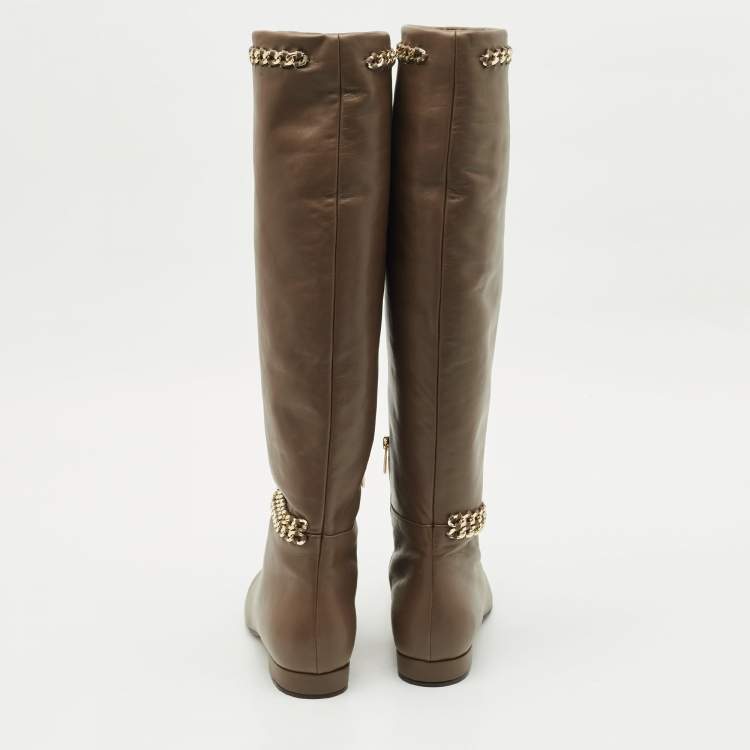 Pre Owned Le Silla Brown Leather Chain Detail Knee High Boots Size 37.5