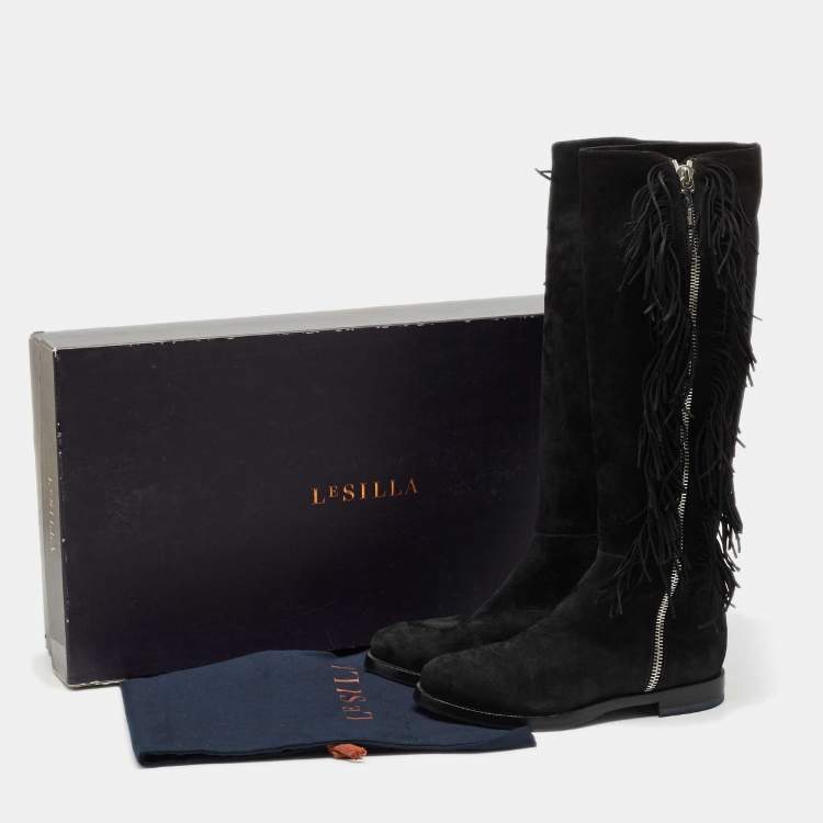 Pre Owned Le Silla Black Suede Fringe Trim Knee Length Boots Size 37.5