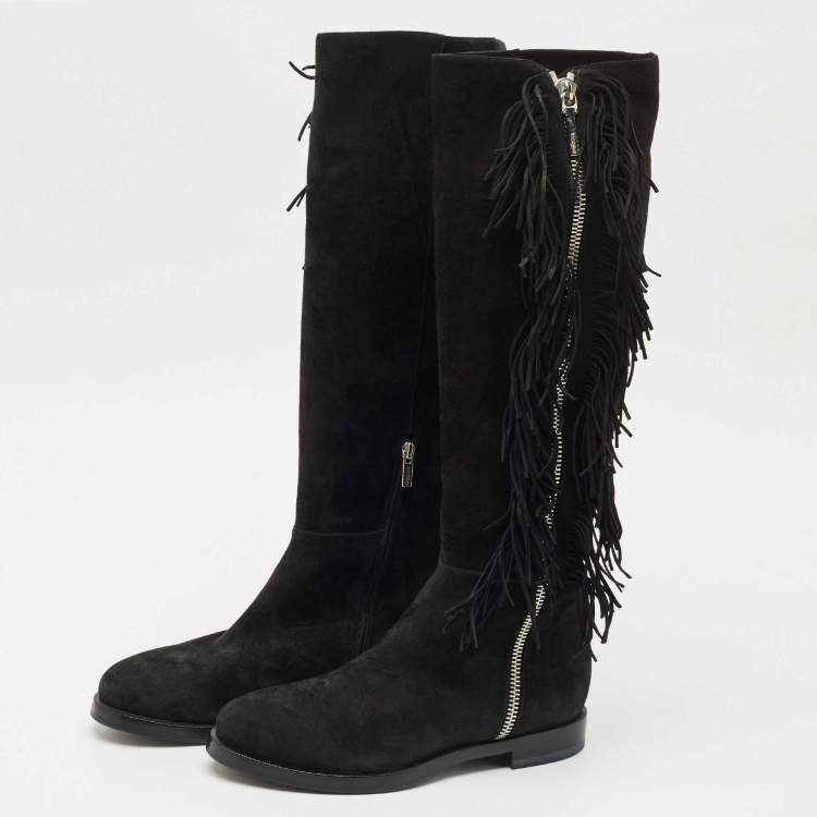 Pre Owned Le Silla Black Suede Fringe Trim Knee Length Boots Size 37.5