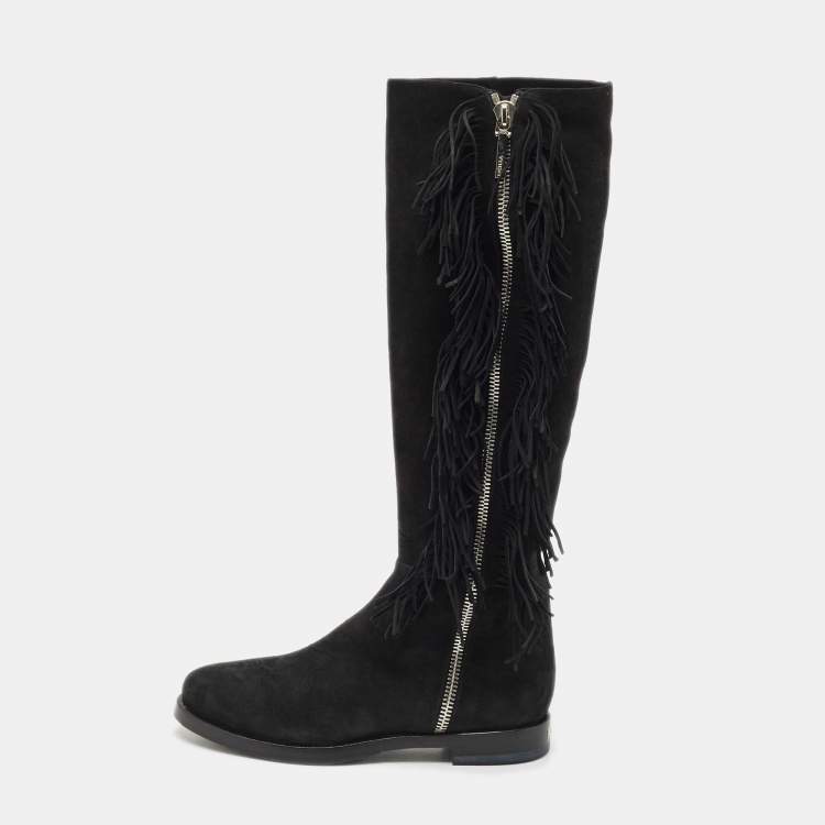 Pre Owned Le Silla Black Suede Fringe Trim Knee Length Boots Size 37.5